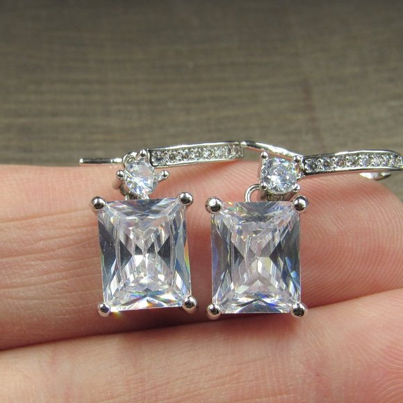 Jewelry - Sterling Silver Clear Cubic Zirconia Rectangle Gem Earrings Vintage